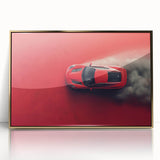 Mid-century modernist style acrylic print of a gold sports car, in vibrant hues, ideal for modern art wall decor.