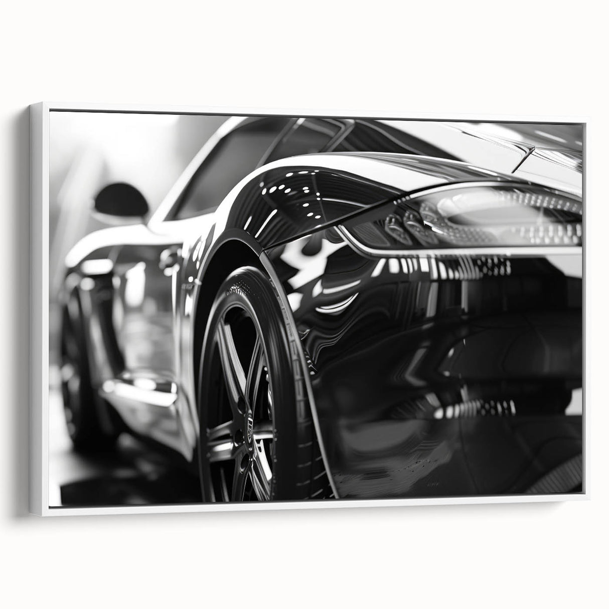 Vintage poster art of a classic car in vibrant colors on a large framed canvas, ideal for living room decor.