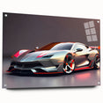 Side view of a red sports car on acrylic print, suitable for bedroom or dining room decor.