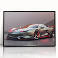 Large abstract wall art depicting a black sports car, in mid-century modernist style on a framed acrylic print.