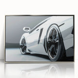 Mid-century modernist art deco poster of a silver sports car, ideal for nursery wall art, framed in acrylic.