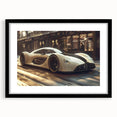 Abstract art print of colorful, textured sports cars on a large canvas, framed in black, suitable for living room decor.