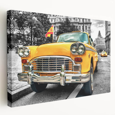 Colorful vintage taxi design on a large stretched canvas, suitable for kitchen wall art.