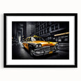 Extra large abstract art print featuring colorful, textured vehicles on a black framed canvas, ideal for living room decor.