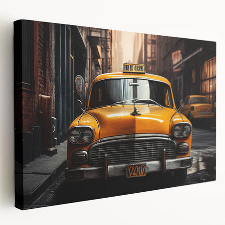 Large canvas print of a vintage yellow taxi, featuring bold black and yellow tones, ideal for kitchen wall art.