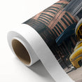 Art deco style poster of colorful vintage cars on rolled canvas, ideal for nursery wall art.