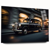 Acrylic print of a side-view taxi in yellow and black, ideal for modern bedroom or dining room decor.