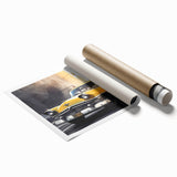 Extra large rolled print depicting a vintage taxi, in muted yellow and black tones, suitable for classy bathroom wall art.