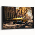 Black and white vintage poster art of a classic car on framed canvas, ideal for bedroom wall decor.