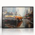 Large abstract wall art of a stylized taxi in bold yellow and black, mid-century modernist style, framed acrylic.