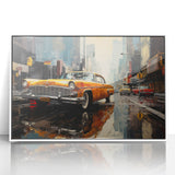 Art deco poster featuring a classic car in monochrome tones on a white framed acrylic, ideal for nursery wall art.