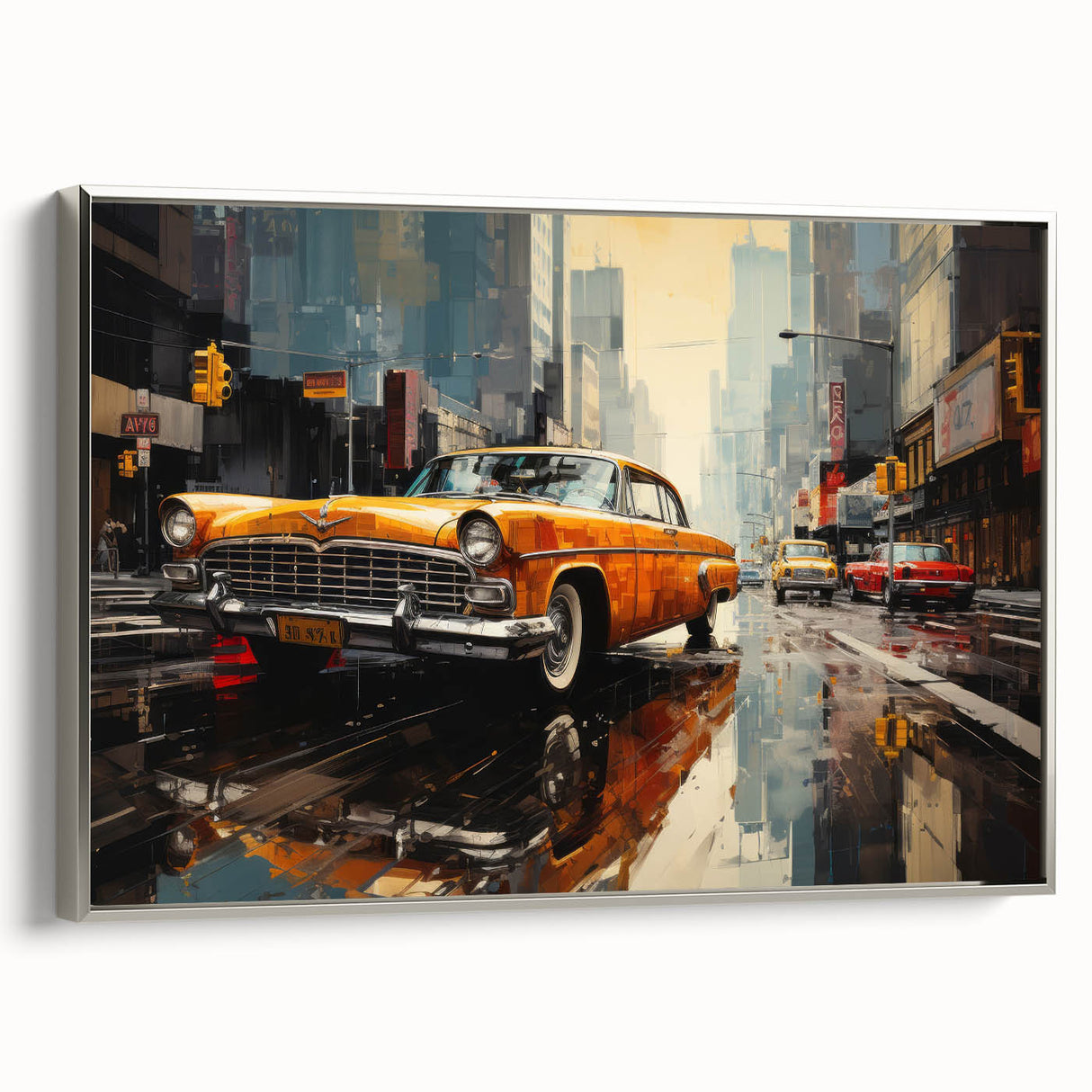 Framed canvas of a vintage car in black and colorful hues, ideal for adding a retro touch to any room.