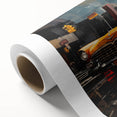 Art deco poster featuring a classic car in bold black and yellow on rolled canvas, ideal for nursery wall art.