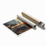 Extra large rolled print depicting a vintage taxi, in muted yellow and black, ideal for classy bathroom wall art.