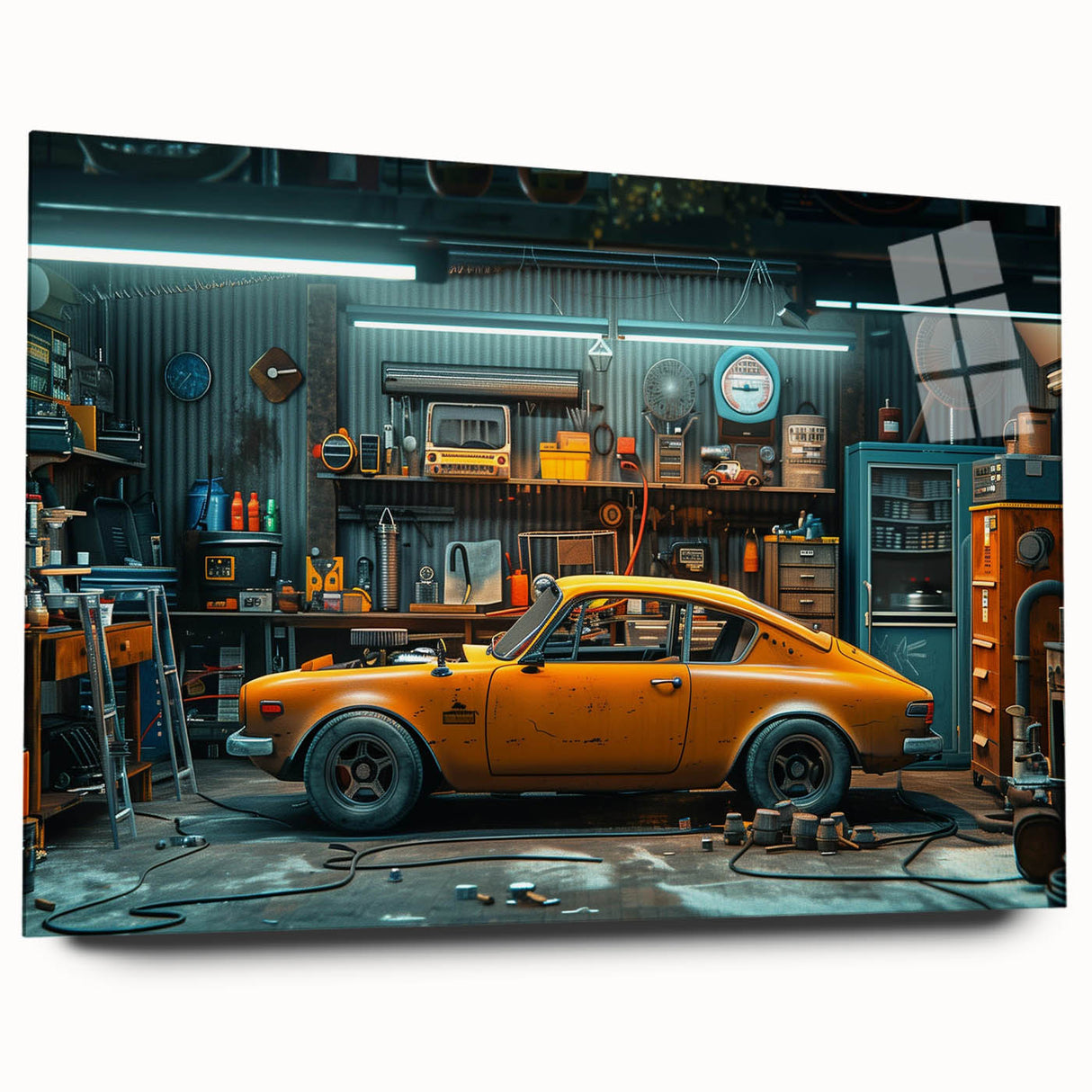 Acrylic print of a side view of a classic yellow taxi, in bold colors, ideal for bedroom or dining room art.