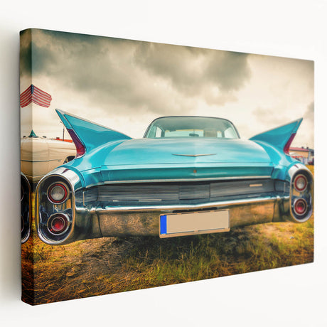 Vintage car in muted sepia tones on stretched canvas, suitable for kitchen wall art.