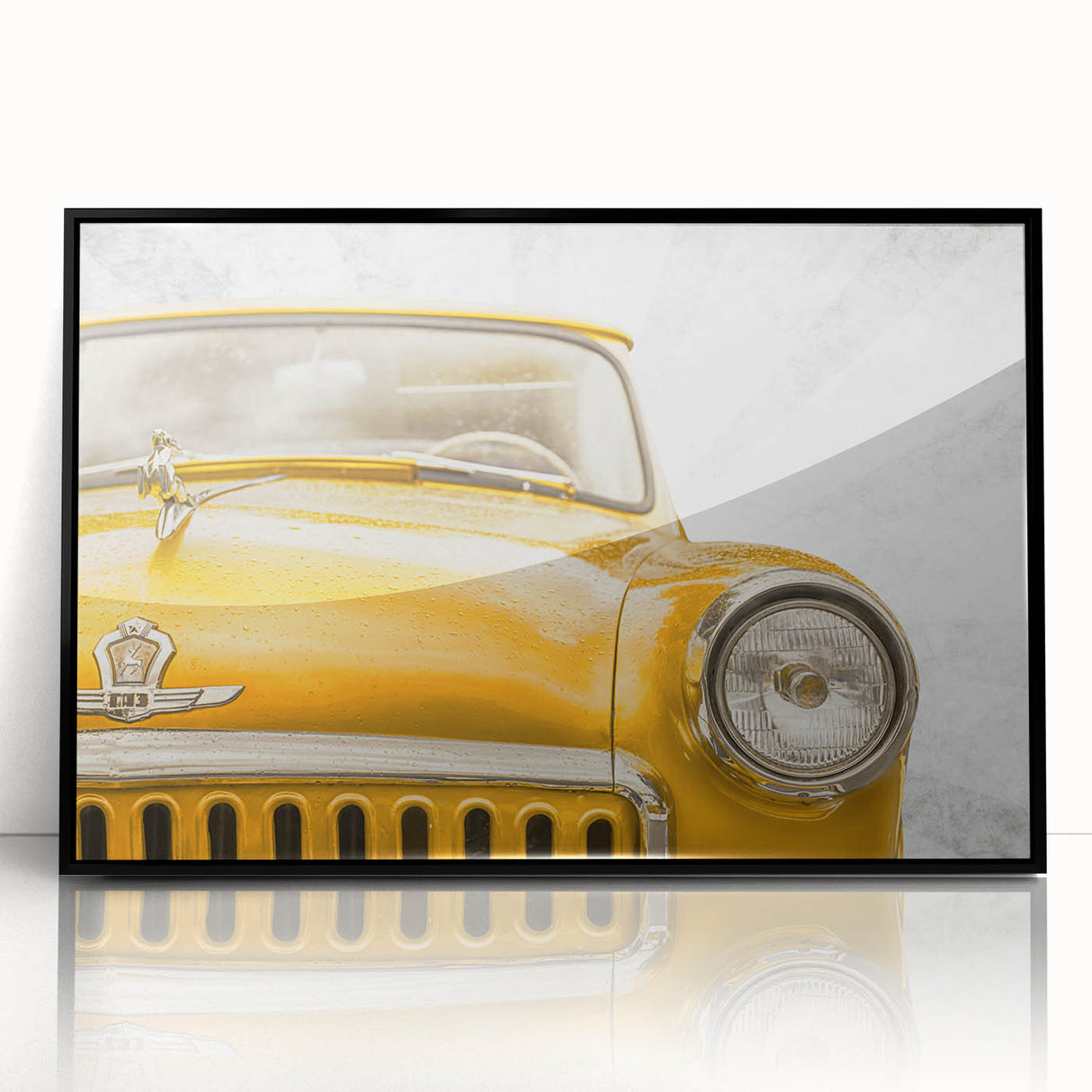 Large abstract wall art featuring a collection of vintage cars in monochrome, framed in black acrylic.