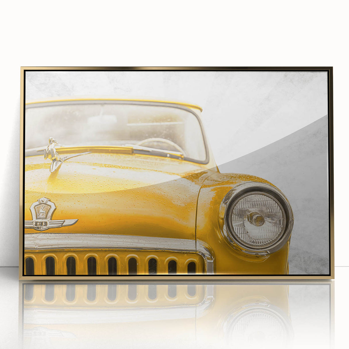 Mid-century modernist style acrylic print of vintage cars in muted earth tones, framed in gold, ideal for nursery wall art.