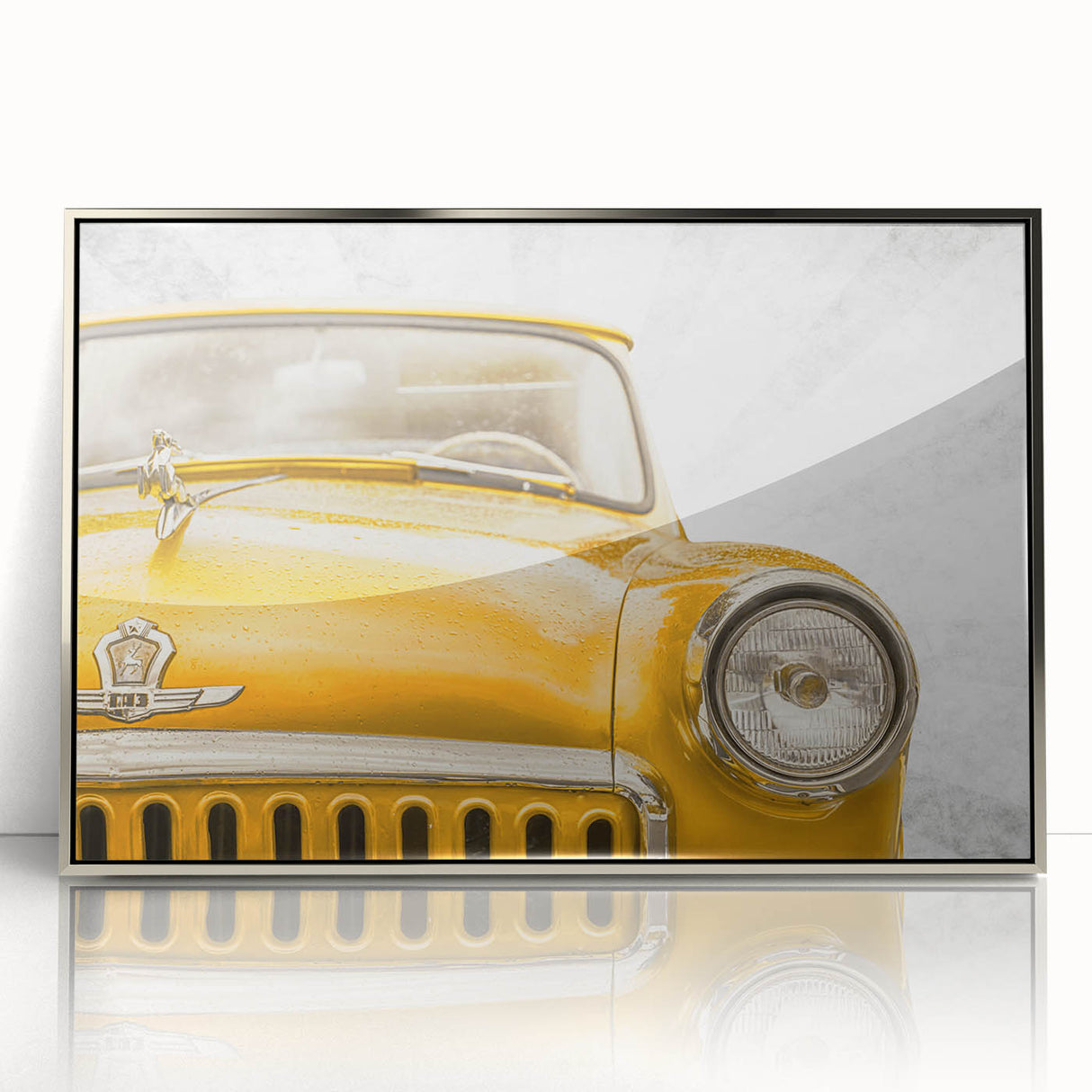 Mid-century modernist art deco poster featuring vintage cars in muted silver tones, framed acrylic.