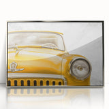 Mid-century modernist art deco poster featuring vintage cars in muted silver tones, framed acrylic.