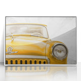 Art deco poster of vintage cars in soft pastel shades, framed in white acrylic, ideal for nursery wall art.