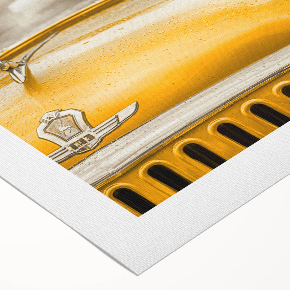Art deco poster of a vintage car in muted silver and black tones on rolled canvas, suitable for dining room decor.