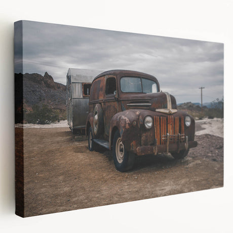 Vintage car print on stretched canvas with muted earth tones, ideal for kitchen wall art.