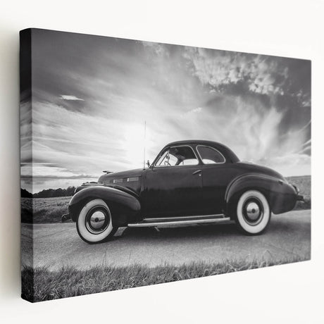Vintage car print on stretched canvas in sepia tones, ideal for kitchen wall art.