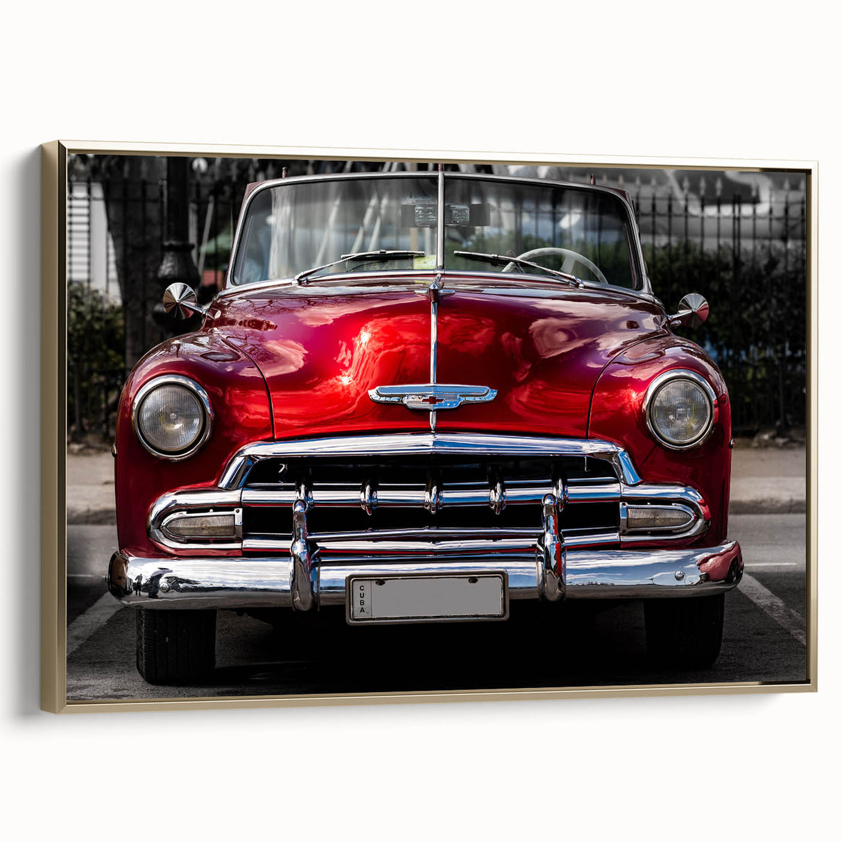 Vintage car depicted in gold tones on a black background, framed canvas, suitable for bedroom wall art.