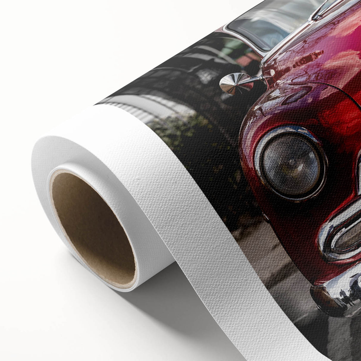 Art deco poster featuring a vintage car in muted beige and brown tones, printed on rolled canvas, ideal for nursery wall art.