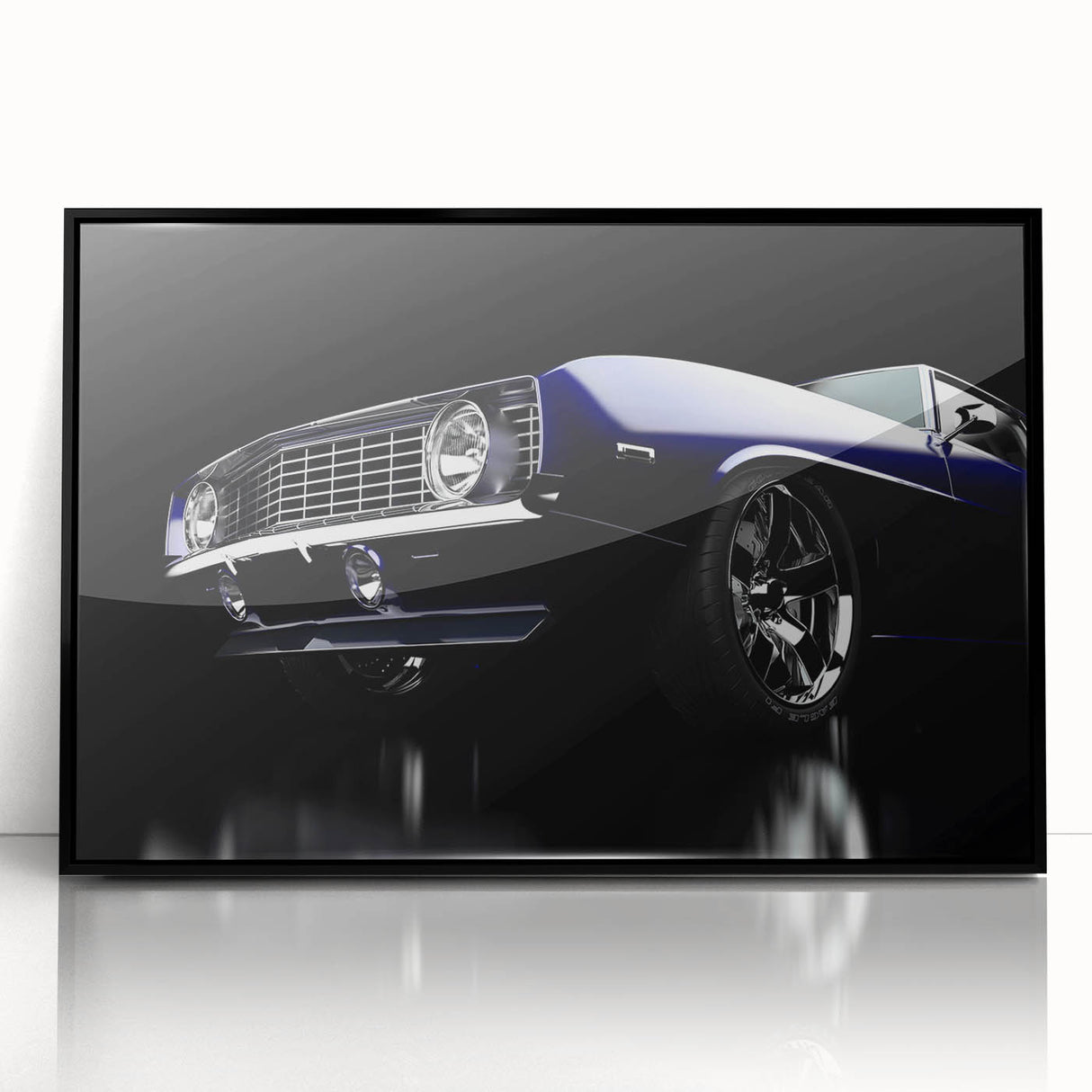 Large abstract wall art featuring mid-century modernist style vintage cars in black and white, acrylic print framed in black.