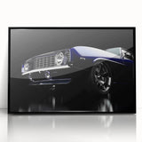 Large abstract wall art featuring mid-century modernist style vintage cars in black and white, acrylic print framed in black.