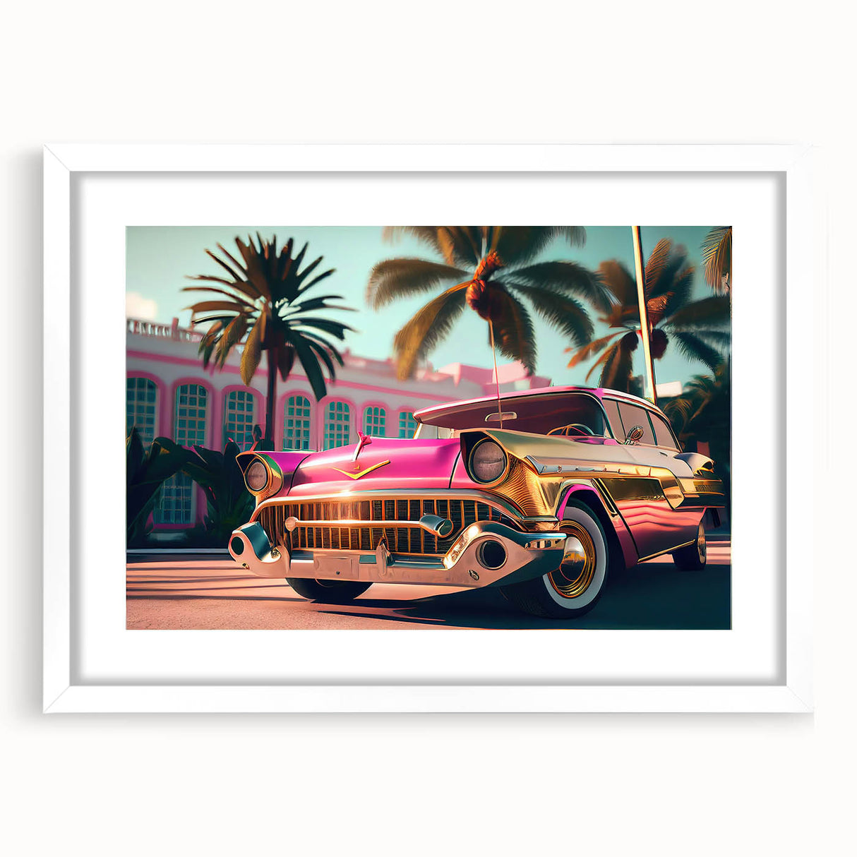 Abstract art print of vintage cars in muted earth tones on a framed white mat, ideal for dining room decor.