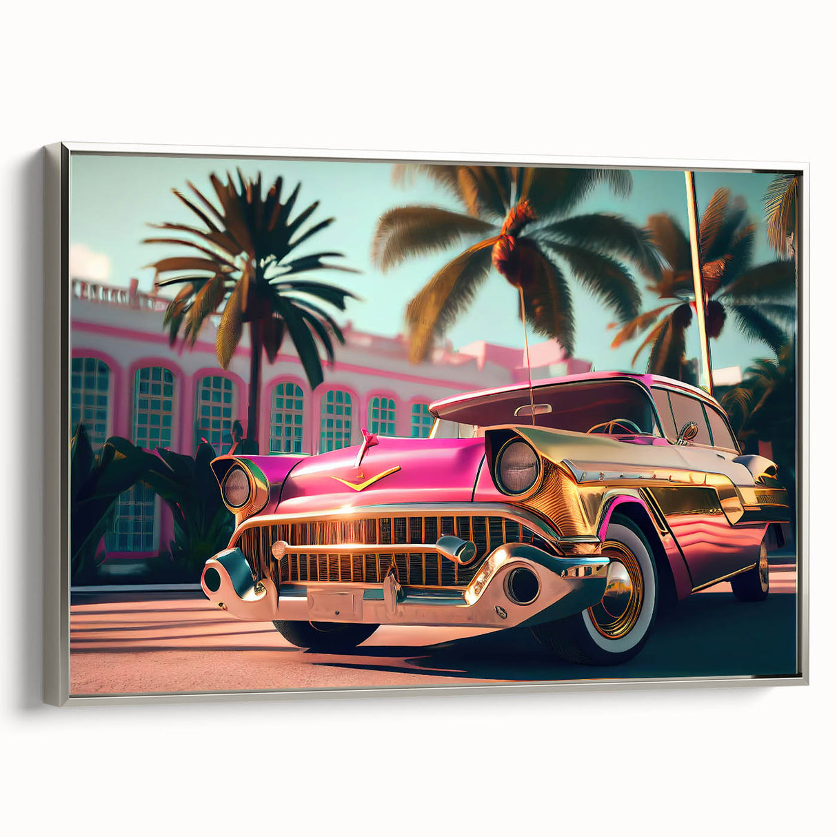 Framed canvas featuring a side view of a vintage car in black and colorful accents, ideal for decorating a retro-themed room.