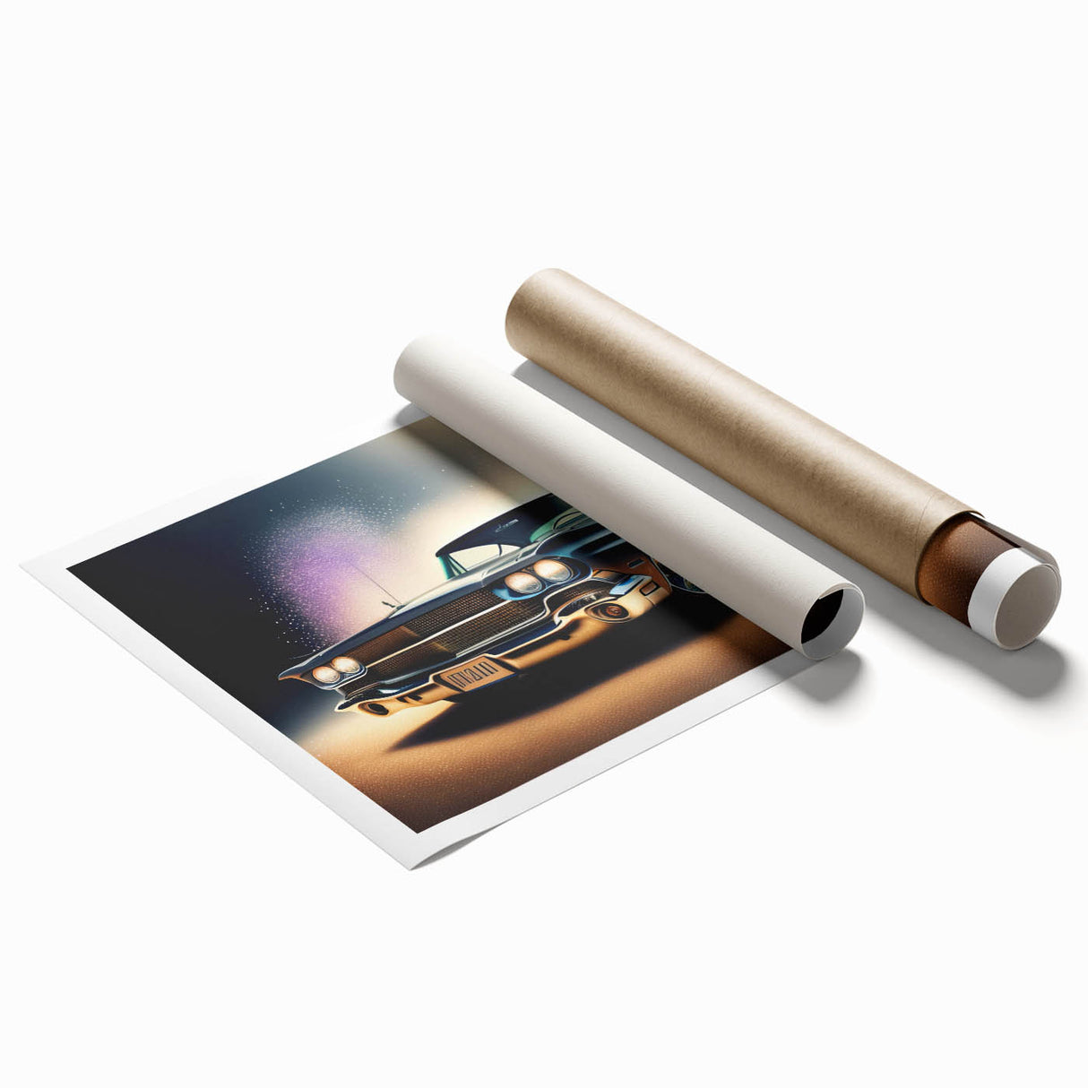 Vintage cars in muted sepia tones on a rolled canvas, suitable as extra large wall art for a bathroom or living room.