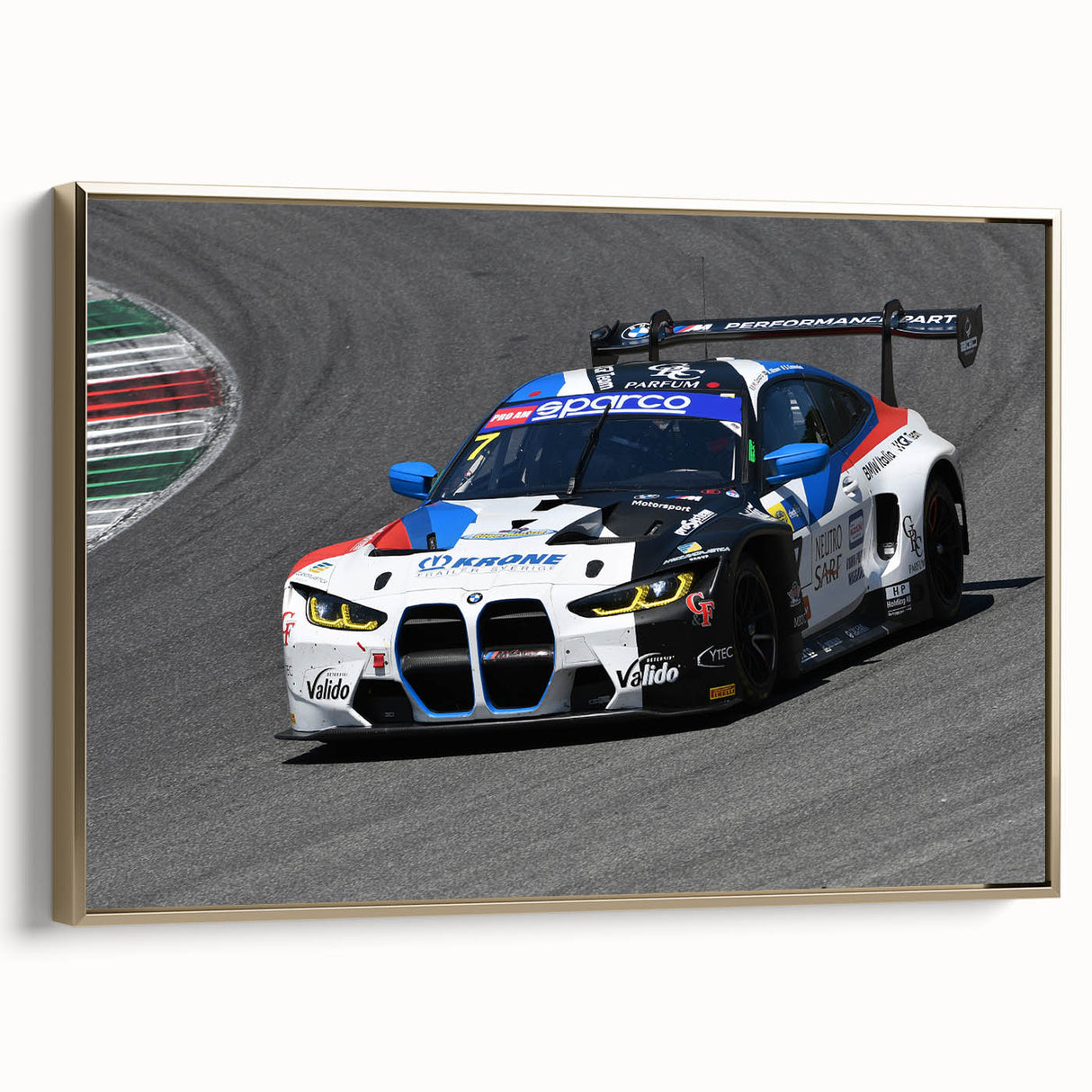 Side view of a vintage car in gold and black tones on a framed canvas, ideal for bedroom wall decor.