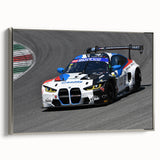 Vintage car depicted in a landscape art painting on a silver-framed canvas, with a black and colorful palette.