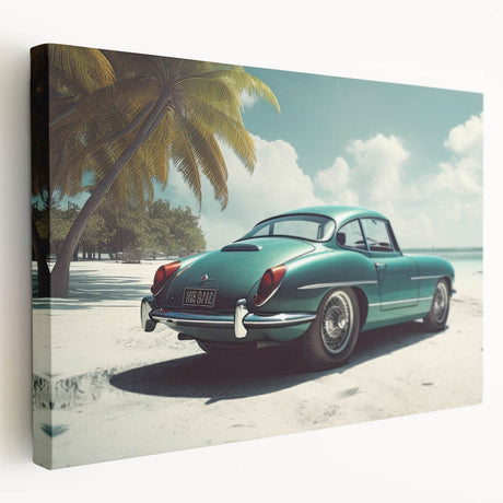 Vintage car illustration in muted sepia tones on stretched canvas, suitable for kitchen wall art.