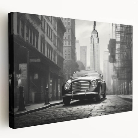 Vintage car painting in muted sepia tones on stretched canvas, ideal for kitchen wall art.