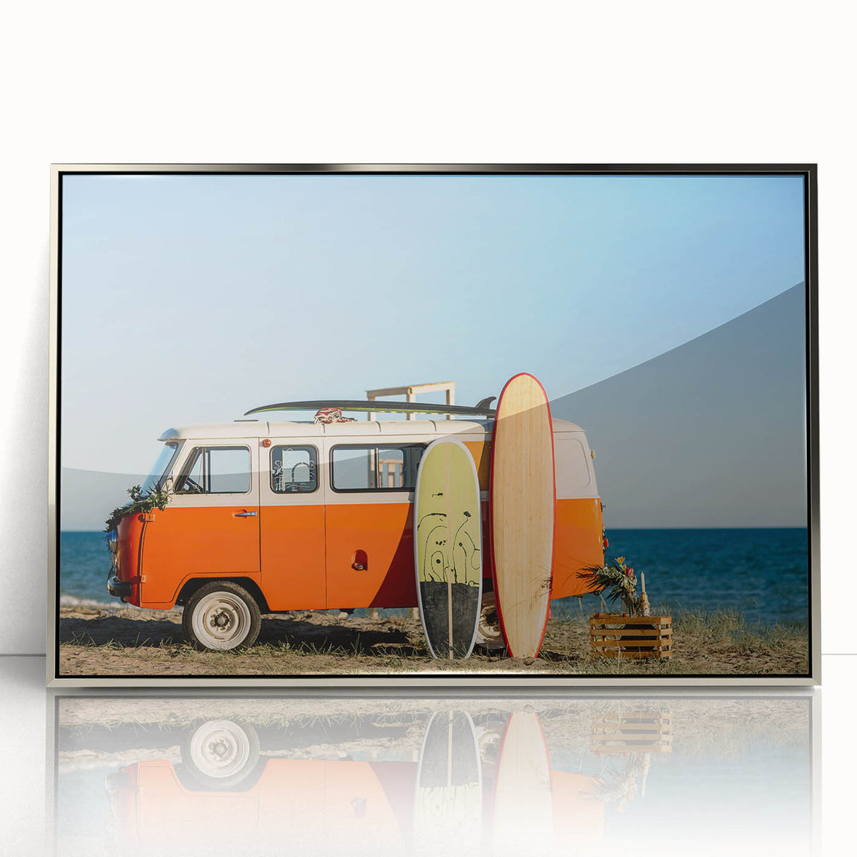 Art deco poster of a caravan in muted silver and gray tones on a framed acrylic, ideal for modern bedroom ambiance.