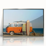 Art deco poster of a caravan in muted silver and gray tones on a framed acrylic, ideal for modern bedroom ambiance.