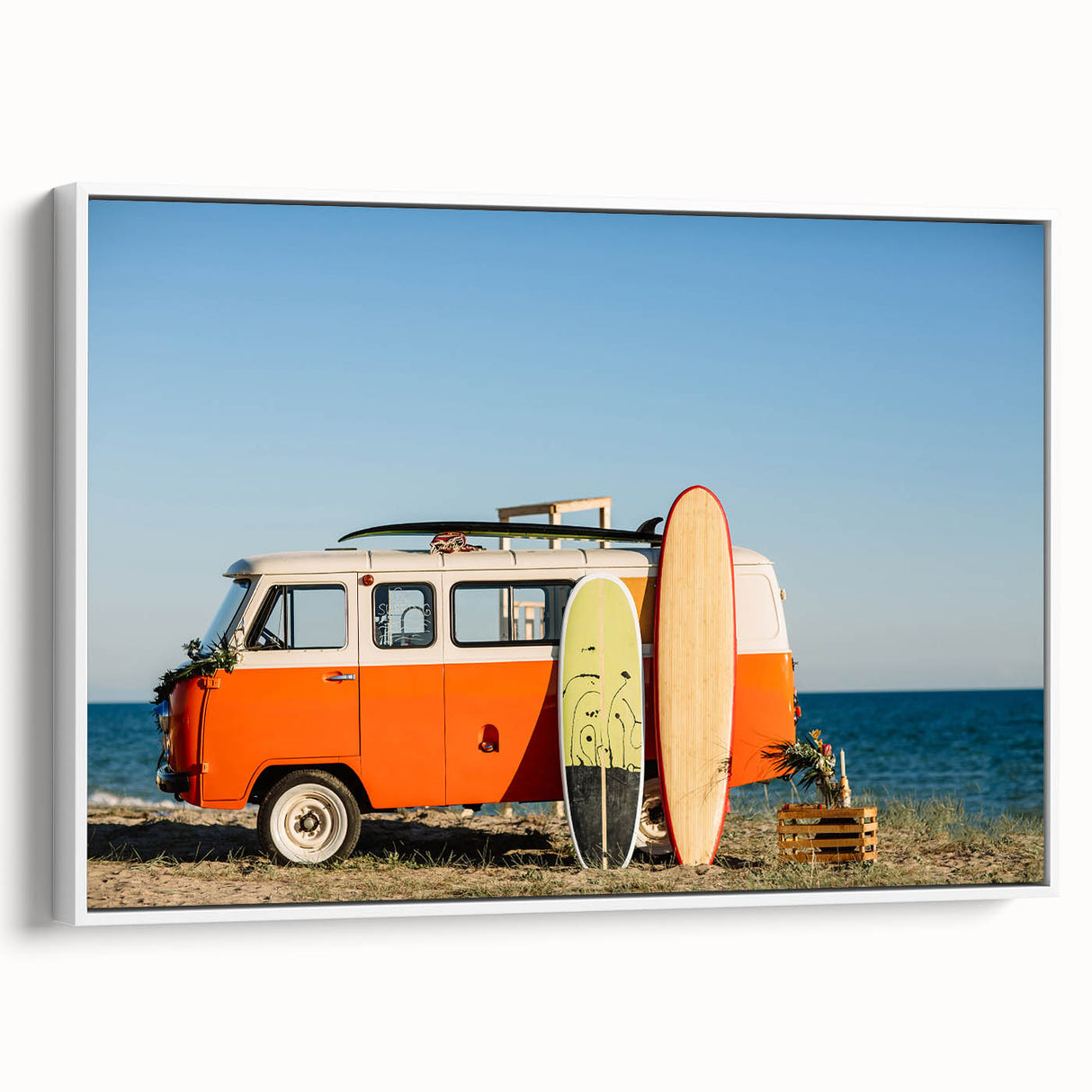 Framed canvas featuring a vintage caravan in a landscape setting with muted earth tones, ideal for bedroom wall art.