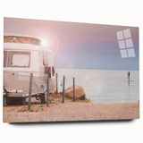 Side view of a large abstract caravan print on acrylic glass, featuring earthy tones, ideal for bedroom or dining room art.