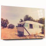Side view of a caravan depicted in muted earth tones on acrylic glass, suitable for dining room decor.
