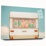 Large abstract wall art featuring a caravan in muted earth tones on acrylic glass, ideal for bedroom or dining room decor.