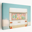 Side view of a vintage caravan on stretched canvas in muted earth tones, suitable for kitchen wall art.
