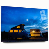 Side view of a caravan depicted in large abstract wall art with vivid colors on acrylic glass.
