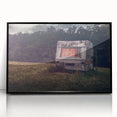 Large abstract wall art featuring a mid-century modernist caravan design in black and white tones, framed acrylic.
