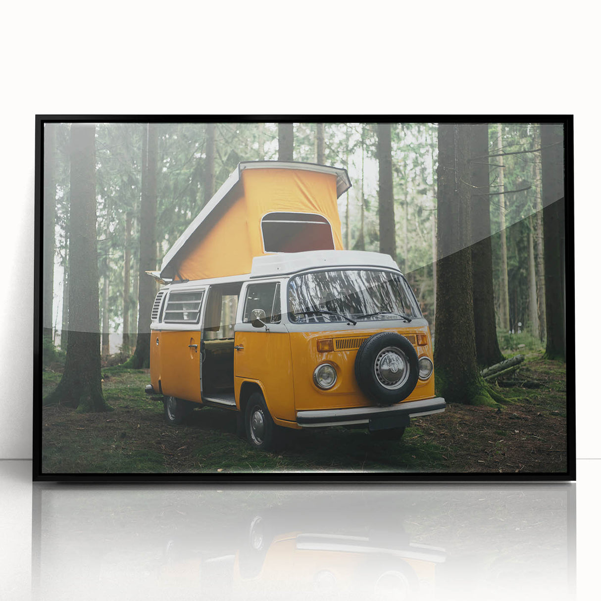 Large abstract wall art featuring a mid-century modernist caravan design in muted earth tones on a black acrylic frame.