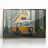 Mid-century modernist art of a caravan in muted gold and beige tones, acrylic print in a gold frame.
